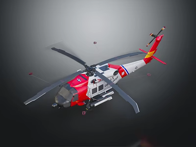 Red and white helicopter with main rotors tail rotor and aerodynamic fuselage design 3d model