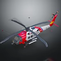 Red and white helicopter with main rotors tail rotor and aerodynamic fuselage design