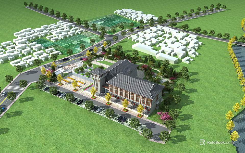 Hotel Building with Surrounding Greenery Parking Area Spacious Lawn Landscaped Gardens and Nearby Buildings 3d model 