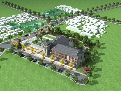 Hotel Building with Surrounding Greenery Parking Area Spacious Lawn Landscaped Gardens and Nearby Buildings 3d model