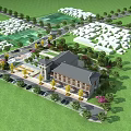 Hotel Building with Surrounding Greenery Parking Area Spacious Lawn Landscaped Gardens and Nearby Buildings