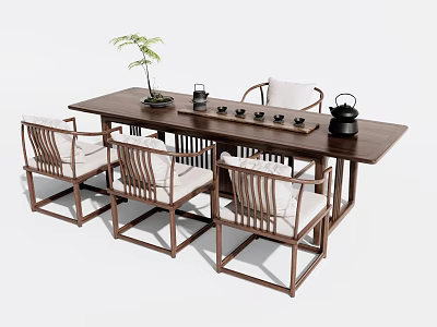 Modern Chinese Style Tea Table and Chairs with Light Cushions Teaware and Small Potted Plant 3d model