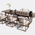 Modern Chinese Style Tea Table and Chairs with Light Cushions Teaware and Small Potted Plant