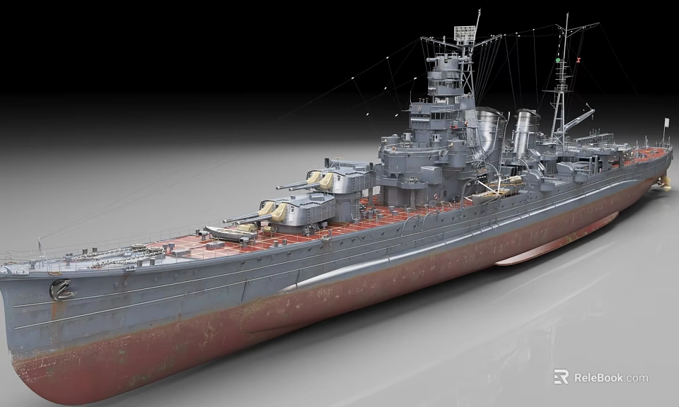 Vintage Warship Featuring Gray Hull Red Bottom Turret Superstructure and Deck 3d model 