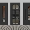 Modern Black Doors With Patterned Glass Gold Handles Pink White Tiles And Checkered Floor