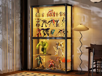 Display Cabinet With Glass Doors Showing Superhero And Robot Toy Figures On Lit Shelves 3d model
