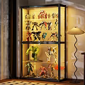 Display Cabinet With Glass Doors Showing Superhero And Robot Toy Figures On Lit Shelves