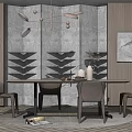 Modern Dining Table Set With Dark Chairs Chandelier Lighting And Wall Decor 3d model