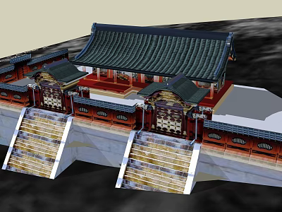 Traditional Ancient Chinese Architecture With Green Tiled Roof Red Walls And Stone Steps 3d model