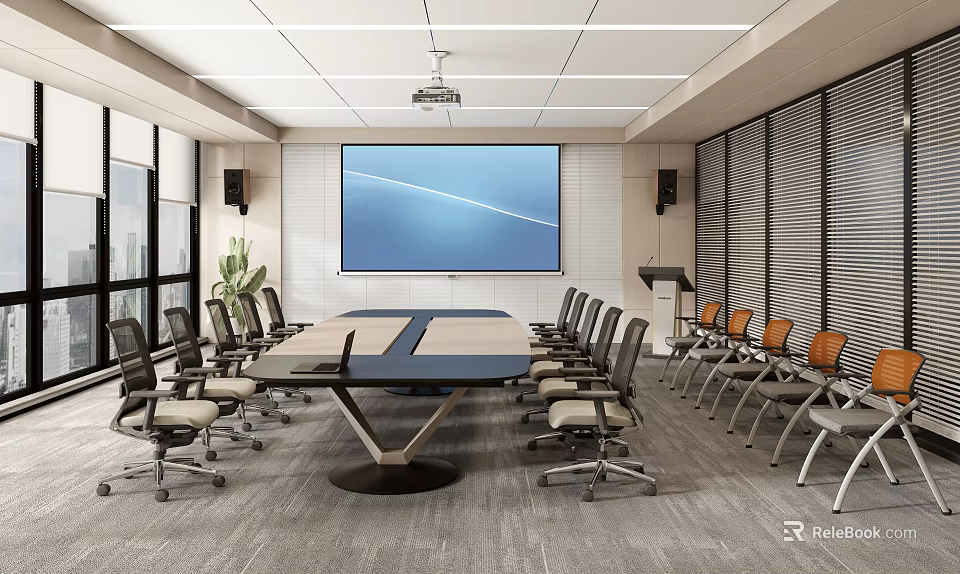 Modern Conference Room Interior With Large Table Multiple Chairs Projector Screen And Blinds 3d model