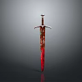 Medieval Sword With Red Blade And Ornate Hilt Isolated On Dark Background