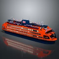 Orange Multi Deck Water Ferry With Flags And Large Windows On Reflective Surface