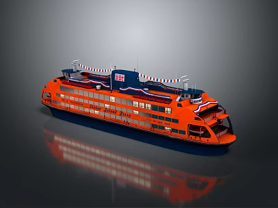 Orange Multi Deck Water Ferry With Flags And Large Windows On Reflective Surface 3d model