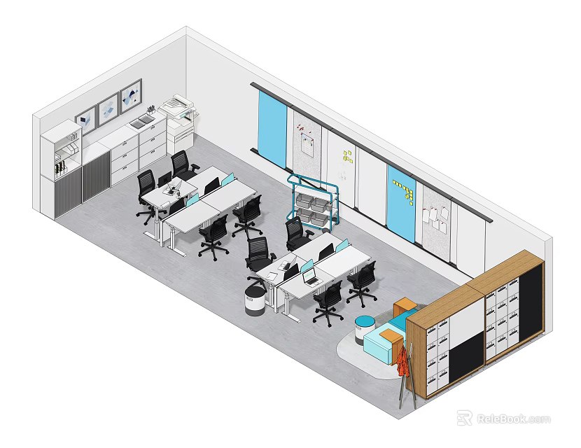 Public Office Space Interior With Desks Office Chairs Computers And Whiteboards 3d model