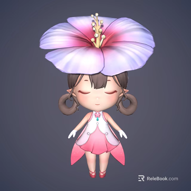 Cute Anime Game Character With Flower Adorned Head Pigtails White Vest Pink Dress Closed Eyes 3d model 