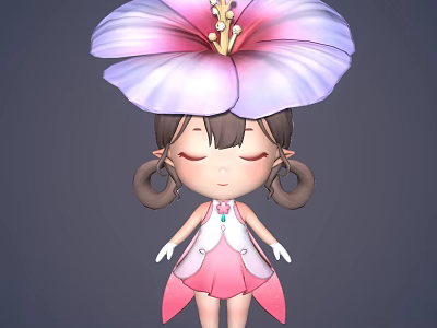 Cute Anime Game Character With Flower Adorned Head Pigtails White Vest Pink Dress Closed Eyes 3d model