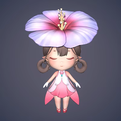Cute Anime Game Character With Flower Adorned Head Pigtails White Vest Pink Dress Closed Eyes 3d model