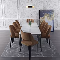 Elegant Marble Top Rectangular Dining Table Set With Brown Upholstered Chairs And Black Legs 3d model