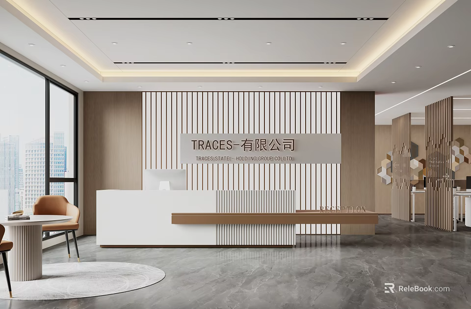 Modern Front Desk Reception Area With White Counter Wooden Striped Backdrop And Large Windows 3d model 