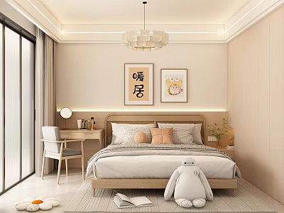 Modern Minimalist Bedroom Interior with Bed Pillows Decorative Paintings Chandelier Desk and Stuffed Toy 3d model