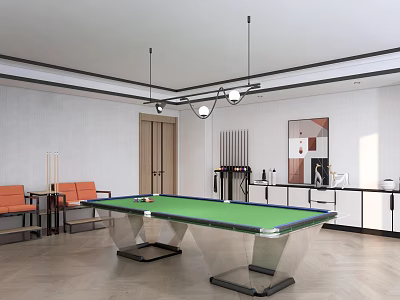 Modern Game Room With Pool Table And Orange Sofas 3d model