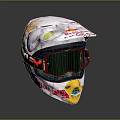 White Motorcycle Helmet With Red Bull Fox Logos Black Goggles And Racing Graphics