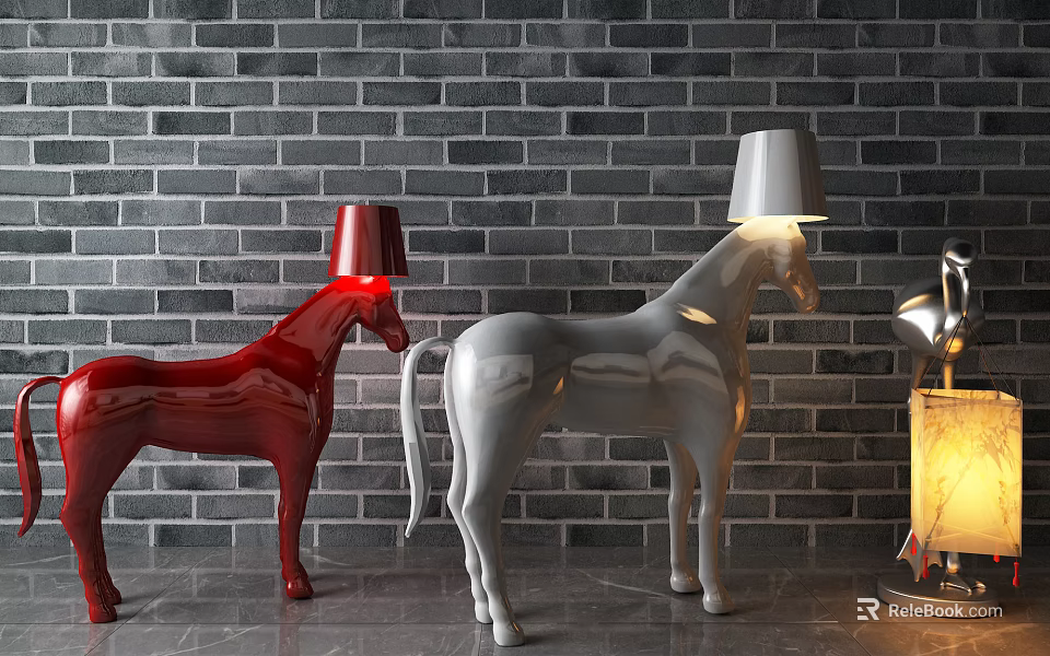 Unique Horse Shaped Floor Lamps Red And White Design With Gray Brick Wall Background 3d model 