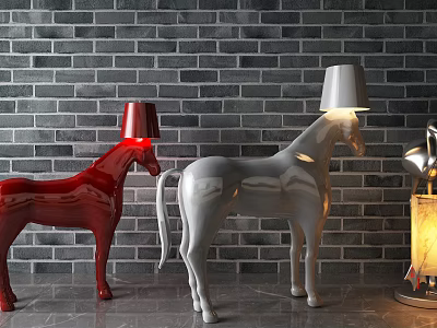 Unique Horse Shaped Floor Lamps Red And White Design With Gray Brick Wall Background 3d model