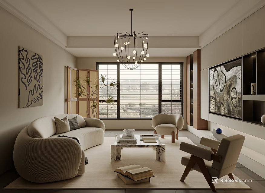 Elegant Modern Living Room Interior With Beige Sofa Armchair Coffee Table Chandelier And Decorative Art 3d model 
