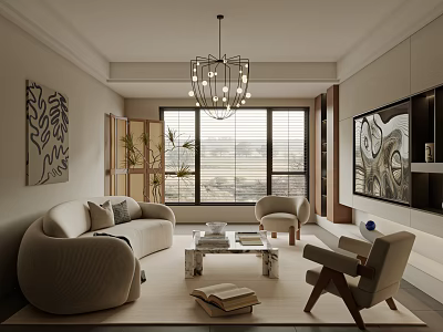 Elegant Modern Living Room Interior With Beige Sofa Armchair Coffee Table Chandelier And Decorative Art 3d model