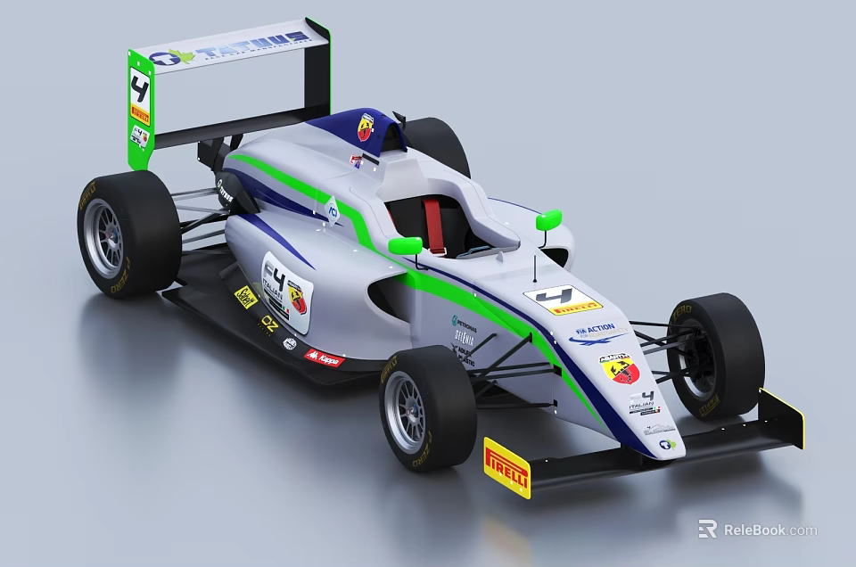 Formula Racing Car With White Blue Green Stripes Rear Wing And Red Cockpit 3d model 
