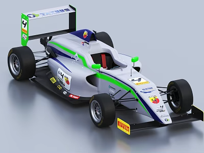 Formula Racing Car With White Blue Green Stripes Rear Wing And Red Cockpit 3d model