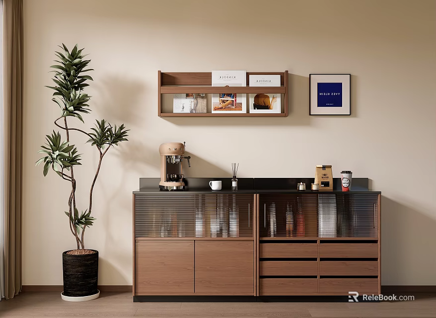 Modern Wooden Sideboard With Coffee Machine Open Shelf Green Plant And Wall Art 3d model 