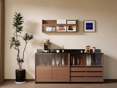 Modern Wooden Sideboard With Coffee Machine Open Shelf Green Plant And Wall Art 3d model