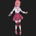 Anime Woman with Pink Hair White Top Pink Skirt Knee Pads Red Shoes Arms Outstretched