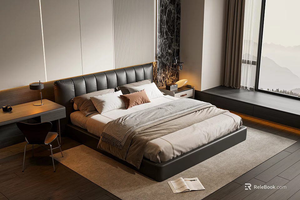 Modern Bedroom Interior With Leather Headboard Pillows Nightstands Table Lamps And Window Curtains 3d model 