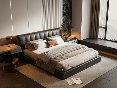 Modern Bedroom Interior With Leather Headboard Pillows Nightstands Table Lamps And Window Curtains 3d model