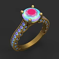 Elegant Golden Ring Featuring Central Colorful Gradient Pink Purple Gemstone With Small Blue Stones And Decorative Patterns