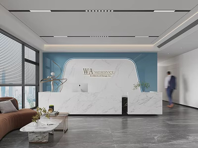 Modern Workplace Reception Desk With Marble Counter Blue Background Wall And Plants 3d model