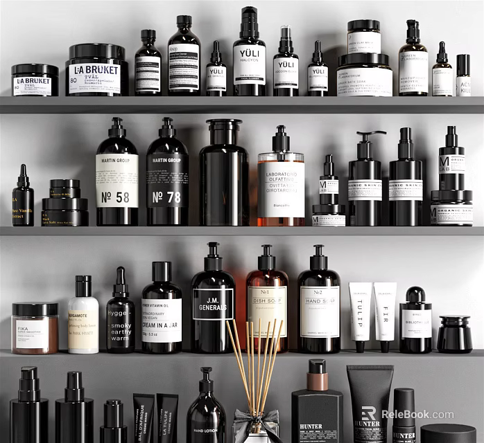 Modern Bathroom Accessories with Sleek Bottles Jars Organized on Shelves for Stylish Decor 3d model 