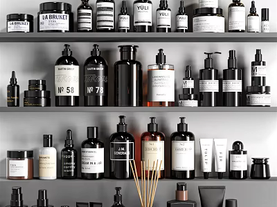 Modern Bathroom Accessories with Sleek Bottles Jars Organized on Shelves for Stylish Decor 3d model