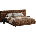 Modern Wabi Sabi Fabric Upholstered Double Bed With Cozy Bedding And Minimalist Round Side Nightstands