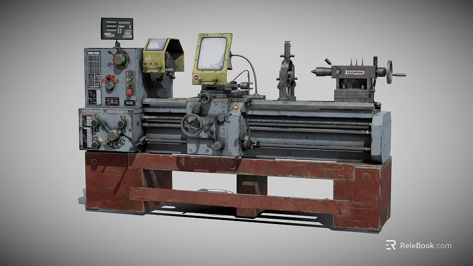 Industrial Lathe Machine Featuring Control Panel Digital Display Rotary Components And Red Base 3d model 