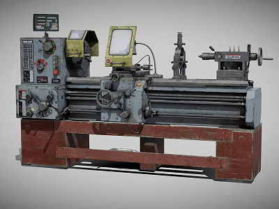 Industrial Lathe Machine Featuring Control Panel Digital Display Rotary Components And Red Base 3d model