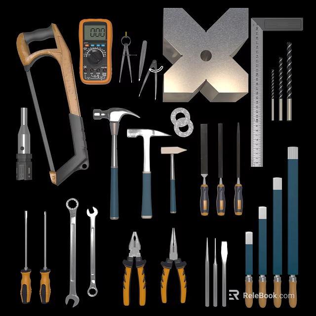 Essential Hardware Tools Collection With Saw Hammer Screwdrivers Pliers Wrenches Drill Bits And Ruler 3d model