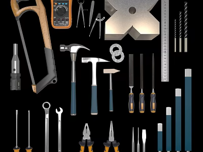 Essential Hardware Tools Collection With Saw Hammer Screwdrivers Pliers Wrenches Drill Bits And Ruler 3d model