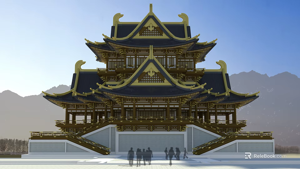 Traditional Chinese Ancient Architecture With Multi Tiered Gold Black Roof And Ornate Eaves 3d model 