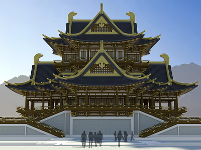 Traditional Chinese Ancient Architecture With Multi Tiered Gold Black Roof And Ornate Eaves 3d model