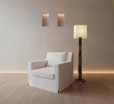 Modern Minimalist Armchair With Floor Lamp Against Light Colored Wall And Wooden Floor 3d model