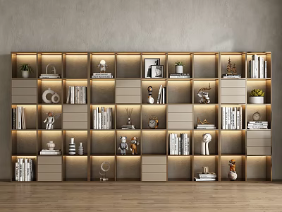Modern Bookshelf with Multiple Shelves Books Decorative Items and Potted Plants Warm Lighting Design 3d model